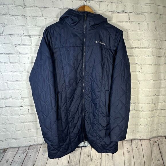 Columbia Jacket womens Medium Blue Navy Copper Crest Long Hooded Plush Fur Lined - Picture 1 of 9